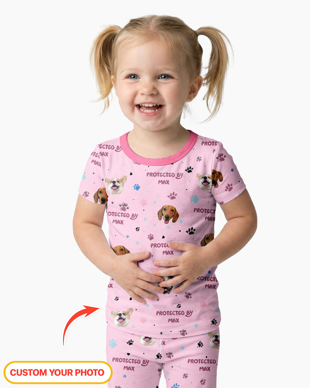 Custom Dog Photos "Protected By" Pawfect Pink Bamboo Two Piece Short Sleeve Pyjamas Set