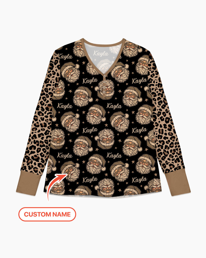 Custom Name Vintage Leopard Santa Bamboo Women Pajama Set