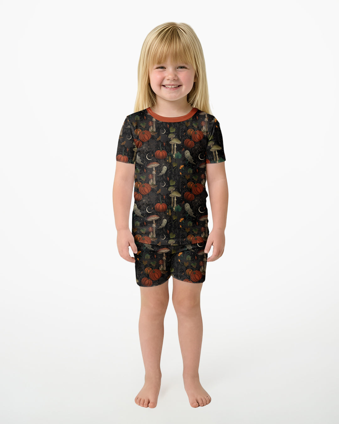 Spooky Cute Ghost Pumpkin Mushroom Halloween Bamboo Two Piece Short Sleeve Shorts Pajama Set