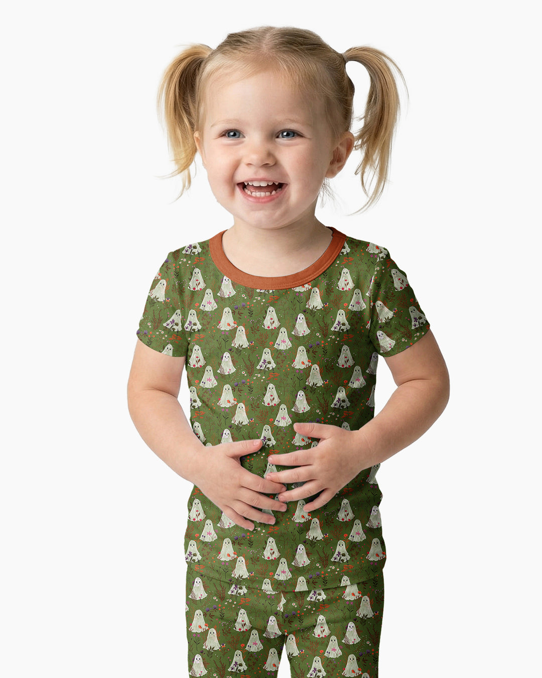 Cute Ghost Halloween Moss Green Floral Bamboo Two Piece Short Sleeve Pajama Set
