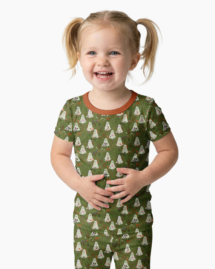 Cute Ghost Halloween Moss Green Floral Bamboo Two Piece Short Sleeve Pajama Set