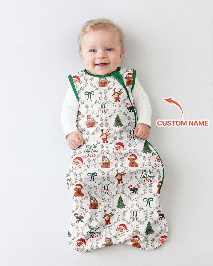 Custom name "Fancy Monogram Green Christmas 2026" Bamboo Sleep Bag