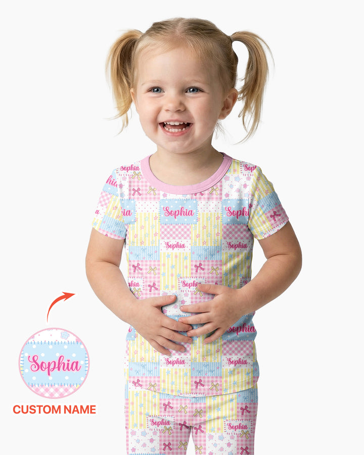 Custom Name Sweet Patchwork Bamboo Two Piece Short Sleeve Pajama Set