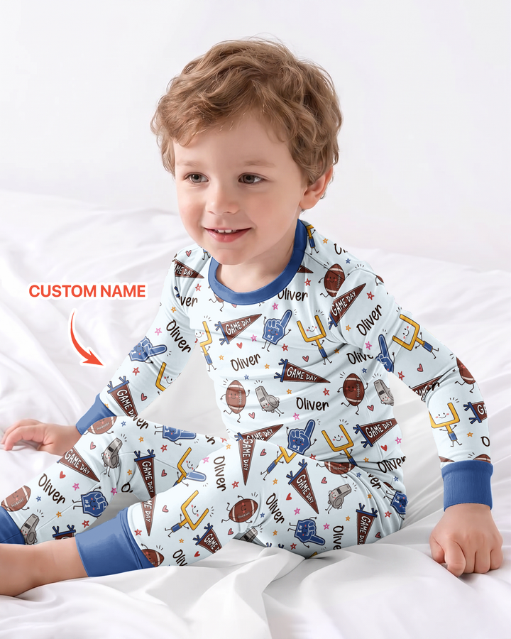 Custom Name Football Game Day Bamboo Two Piece Long Sleeve Pajama Set