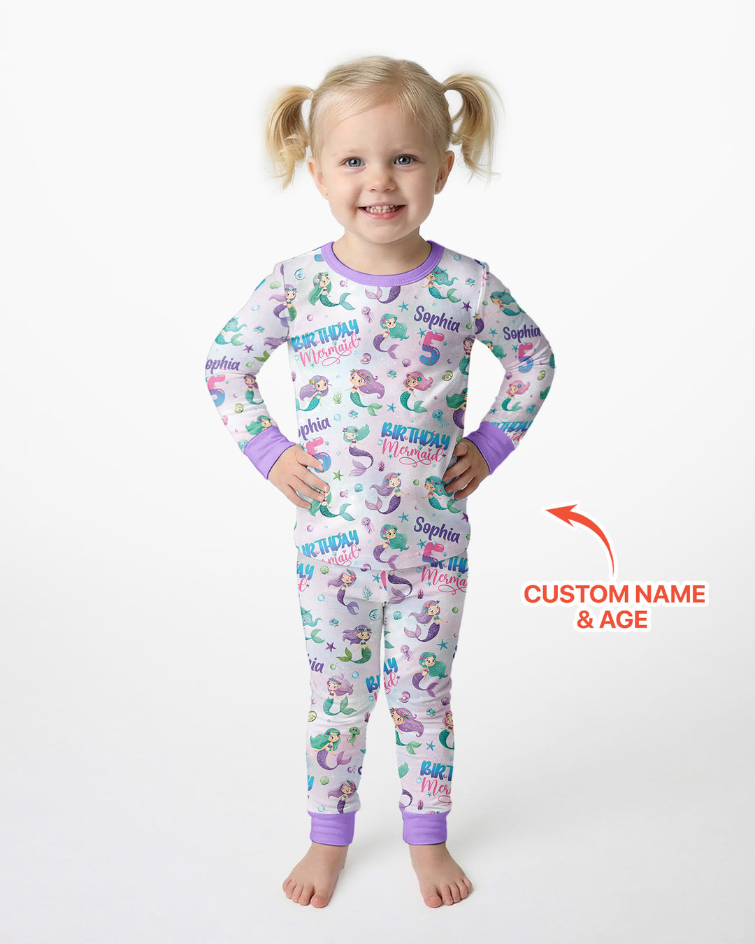 Custom Name and Age Birthday Mermaid Bamboo Two Piece Long Sleeve Pajama Set