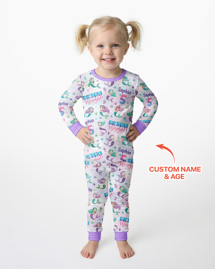 Custom Name and Age Birthday Mermaid Bamboo Two Piece Long Sleeve Pajama Set