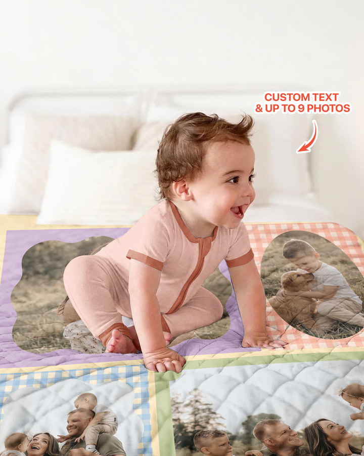 Custom Photo Gingham Family Bamboo Quilt Blanket