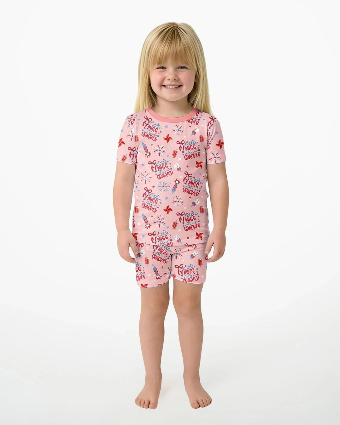 Little Miss Firecracker 4th July Bamboo Two Piece Short Sleeve Shorts Pajama Set