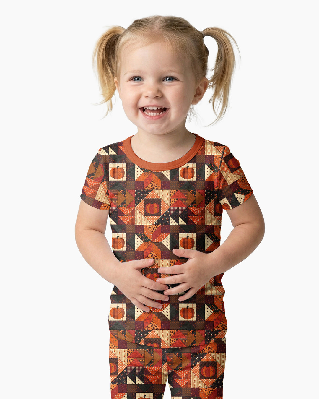 Vintage Pumpkin Patchwork Fall Bamboo Two Piece Short Sleeve Pajama Set