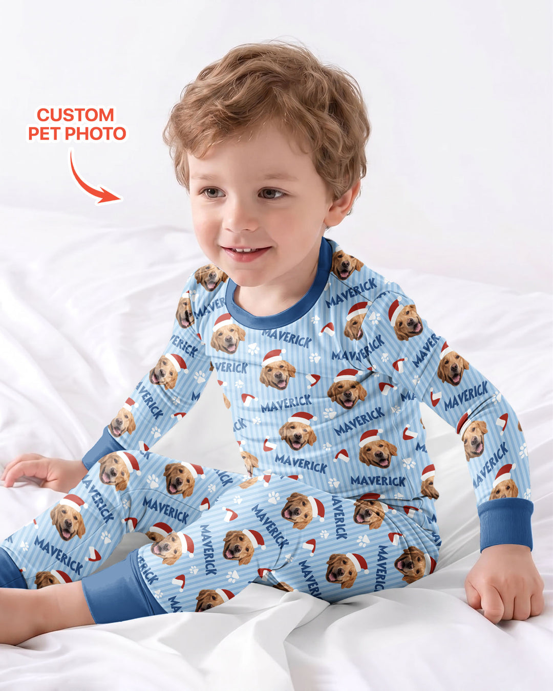 Custom Pet Photo Christmas Paws Stripe Bamboo Two Piece Long Sleeve Pajama Set