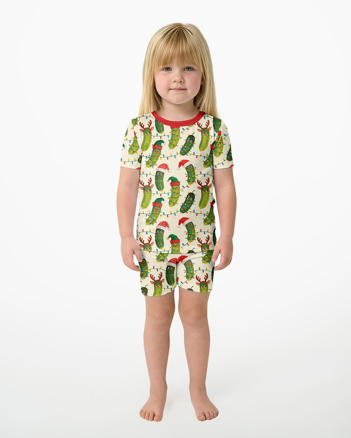 Cheerful Christmas Pickle Bamboo Two Piece Short Sleeve Shorts Pajama Set
