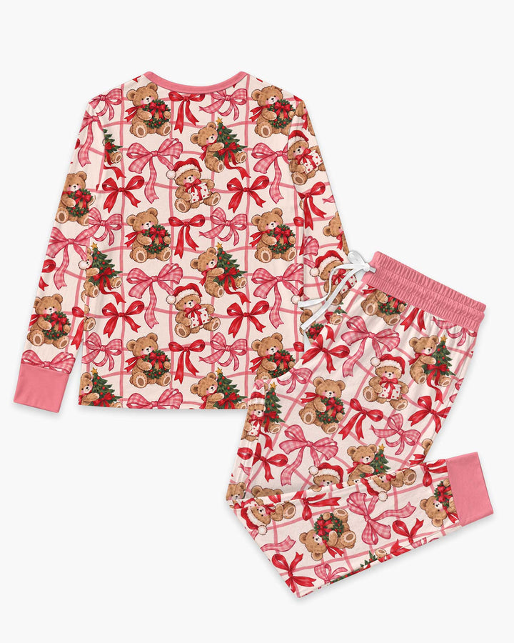 Pink Christmas Teddy Bear Plaid Mommy & Me Matching Bamboo Women Pajama Set