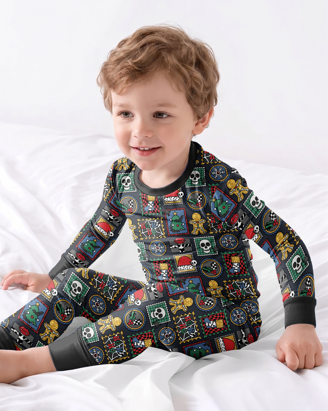 Retro Spooky Christmas Stamp Bamboo Two Piece Long Sleeve Pajama Set