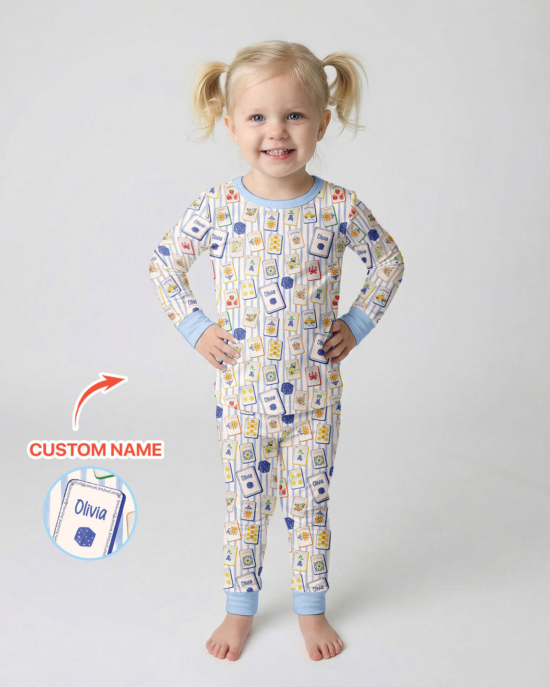 Coastal Mahjong Custom Name Mommy & Me Matching Bamboo Two Piece Long Sleeve Pajama Set