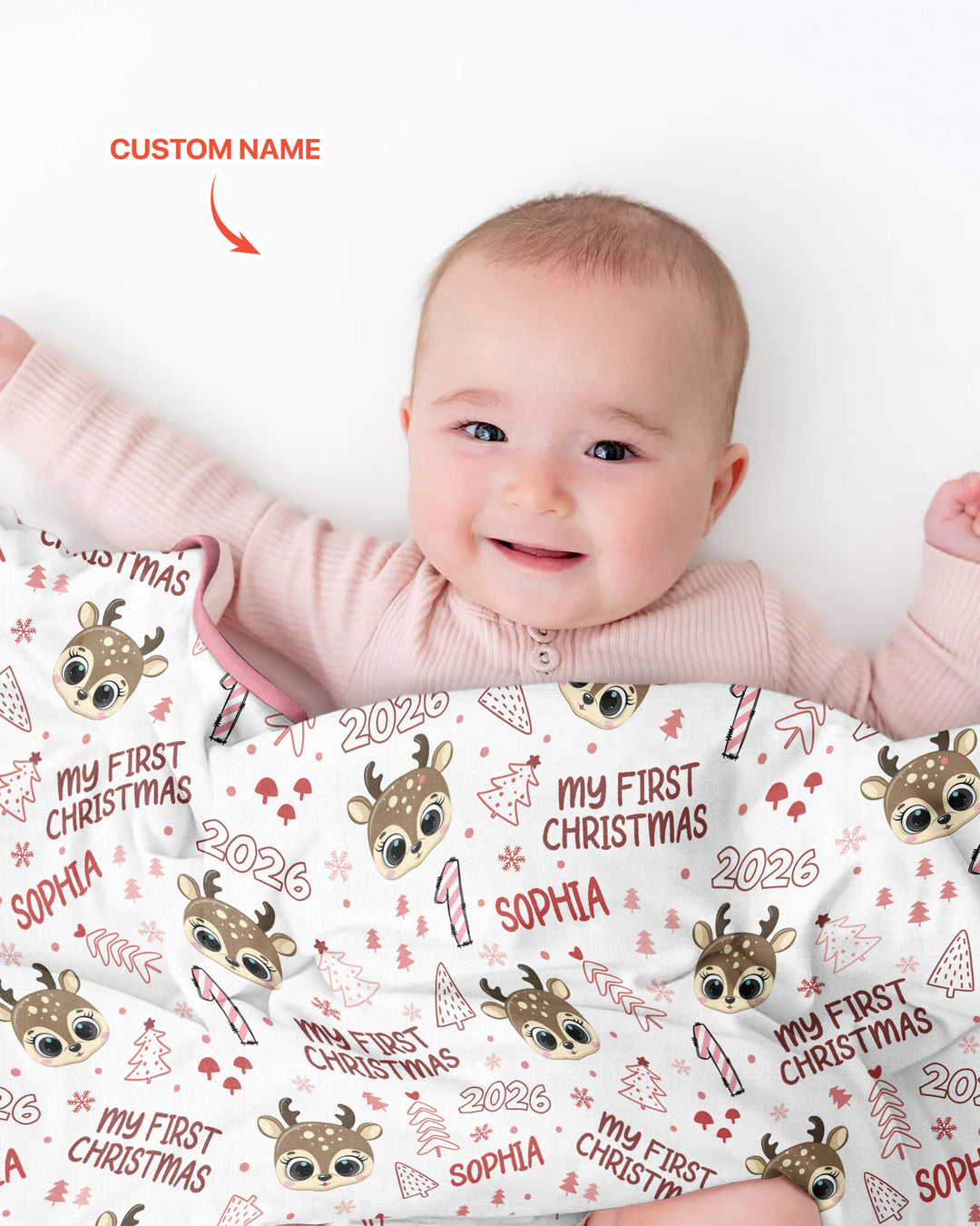 Custom Name Cute Reindeer My First Christmas Bamboo Blanket