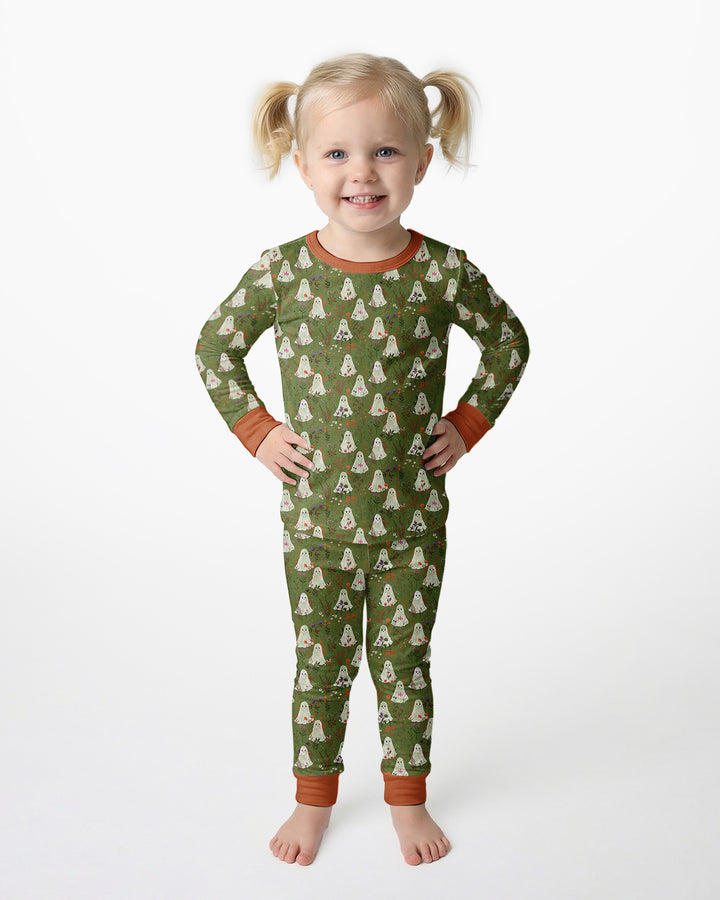 Cute Ghost Halloween Moss Green Floral Bamboo Two Piece Long Sleeve Pajama Set