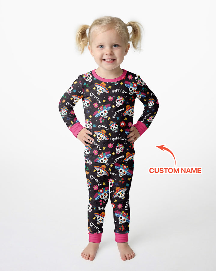 Custom Name Dia De Los Muertos Bamboo Two Piece Long Sleeve Pajama Set