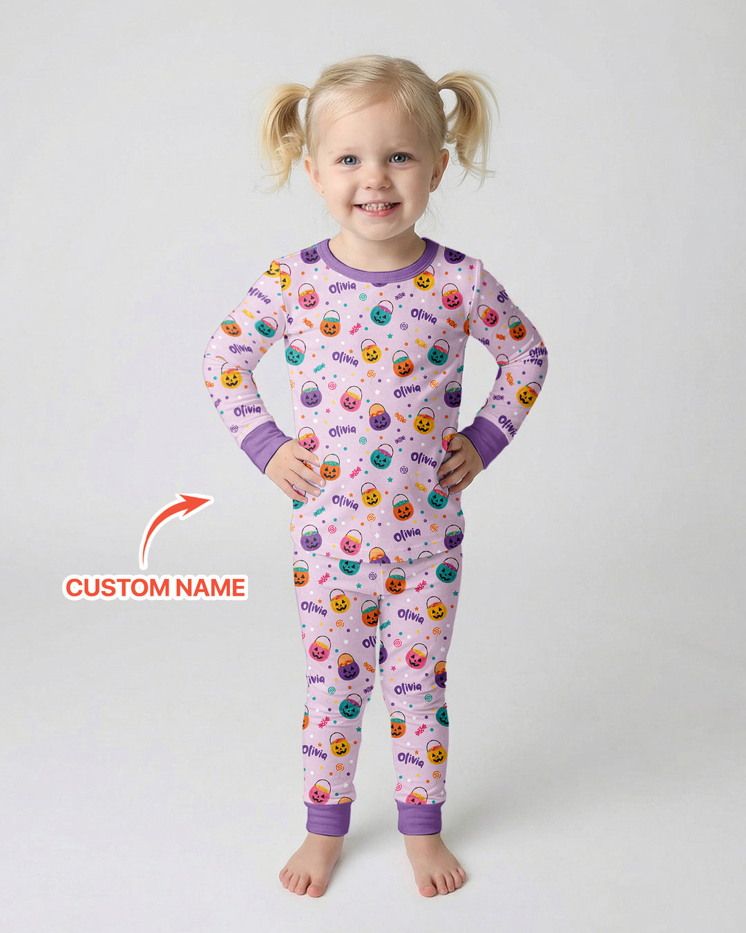 Custom Colorful Trick Or Treat Halloween Candy Bag Bamboo Two Piece Long Sleeve Pajama Set