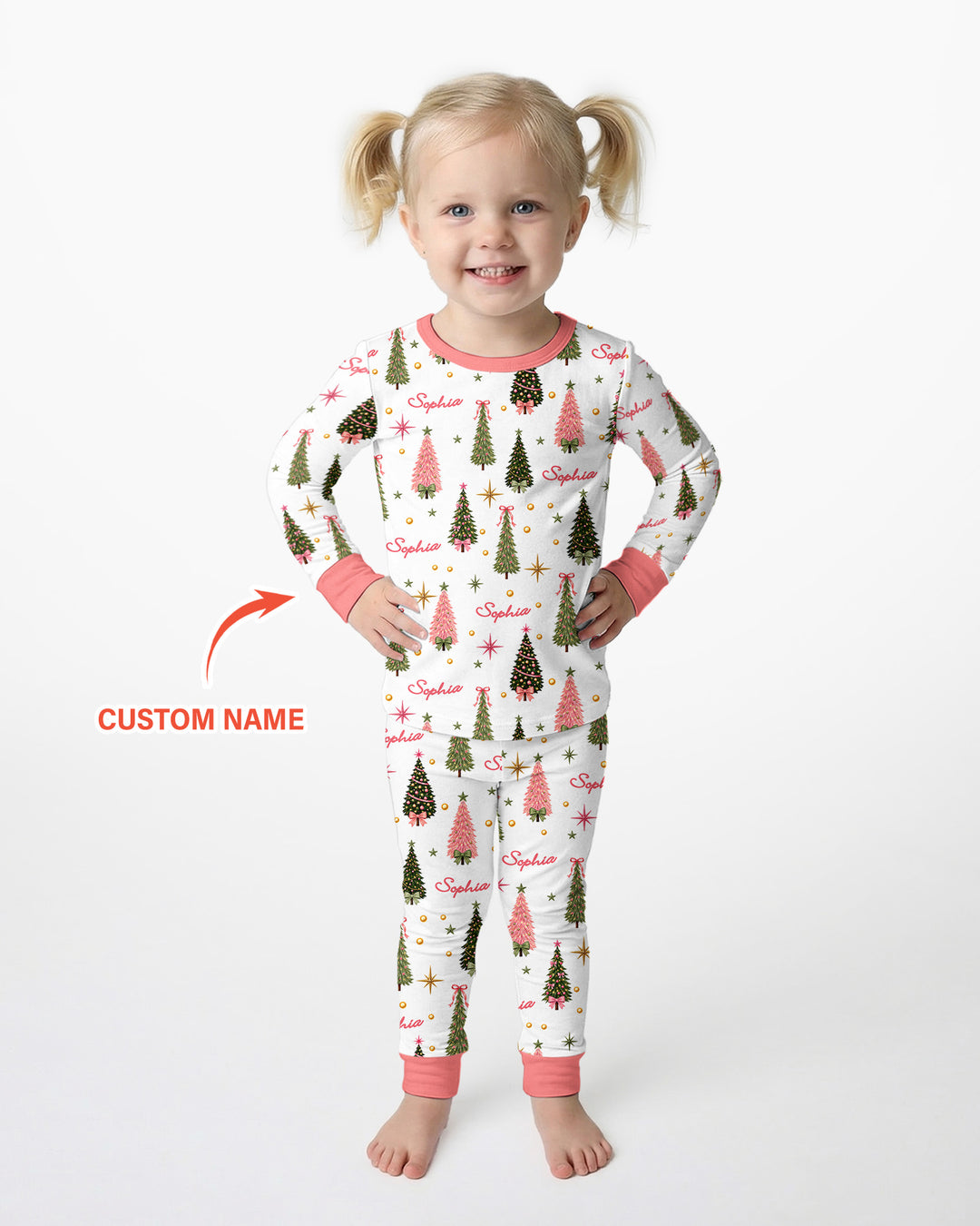 Custom Name Merry Christmas Tree Bamboo Two Piece Long Sleeve Pajama Set