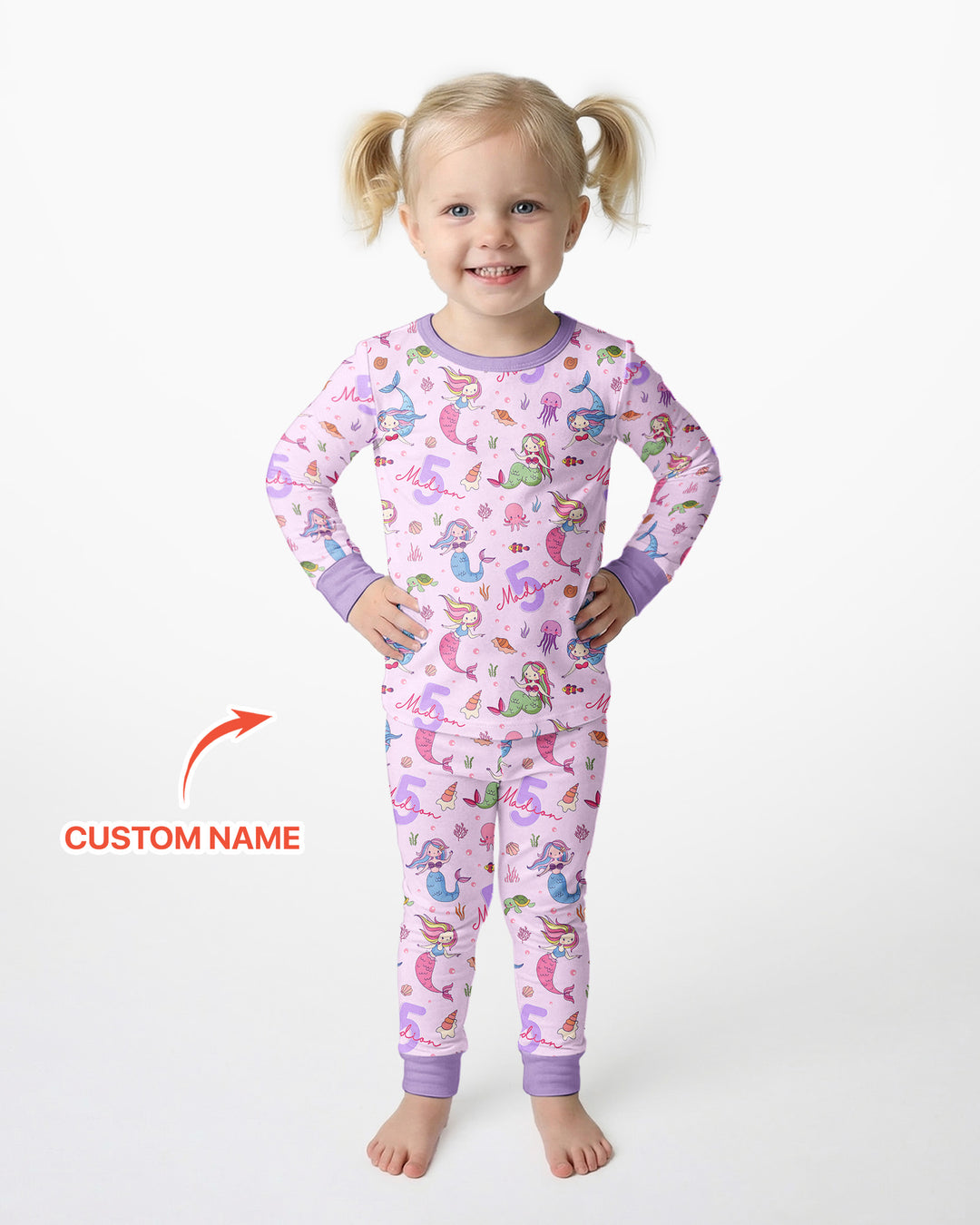 Custom Name Birthday Mermaid Bamboo Two Piece Long Sleeve Pajama Set