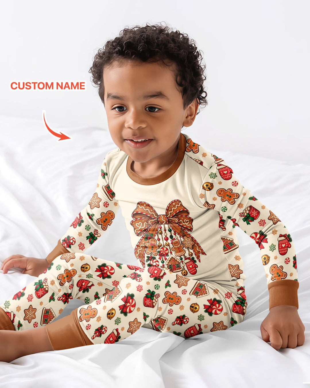 Custom Name Gingerbread The Bow Bamboo Two Piece Long Sleeve Pajama Set