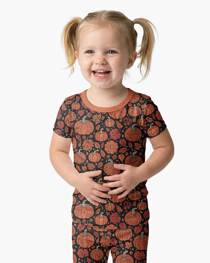 Retro Halloween Pumpkins  Bamboo Two Piece Short Sleeve Pajama Set