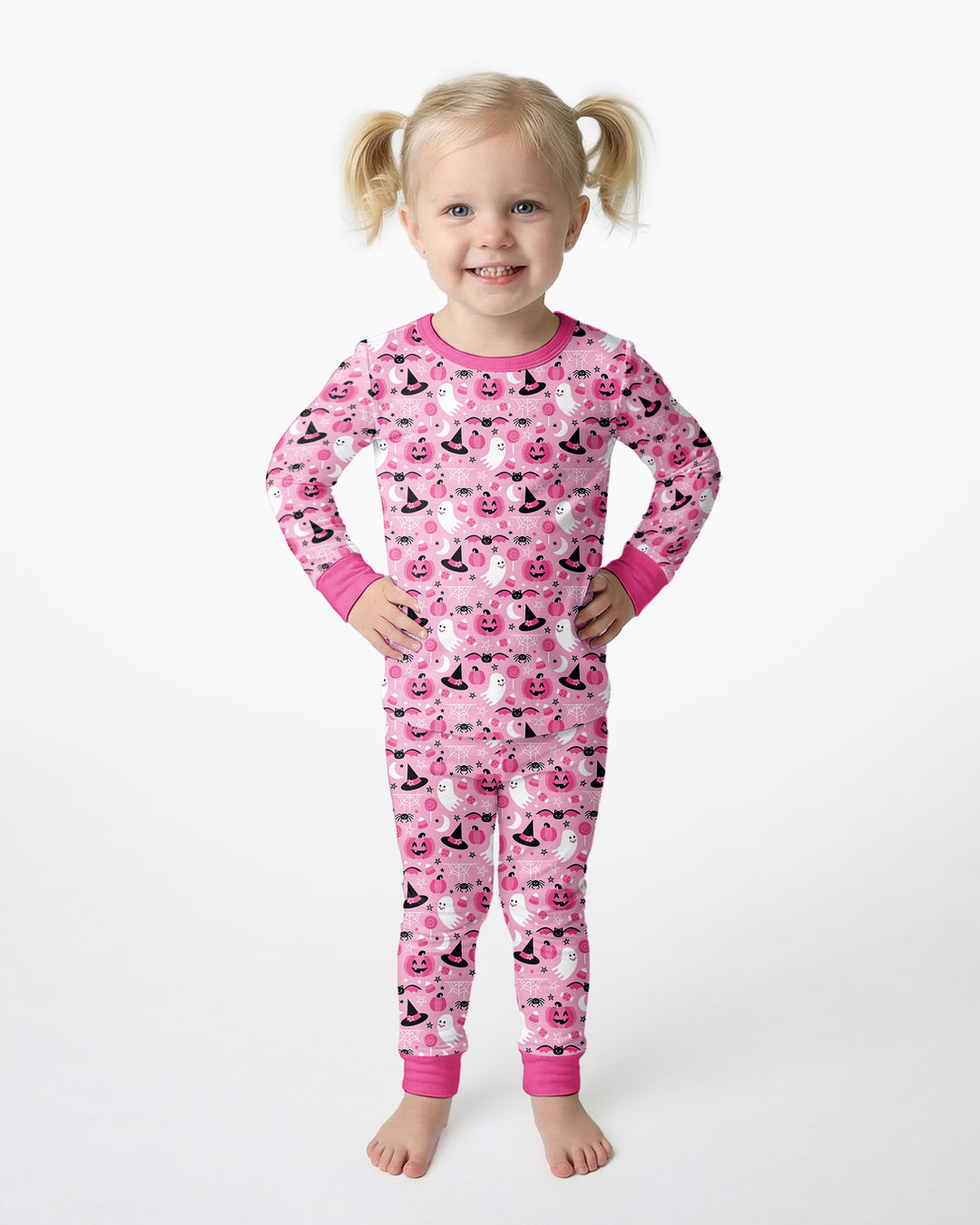 Cute Pink Halloween Ghost Pumpkin Witch Bamboo Two Piece Long Sleeve Pajama Set