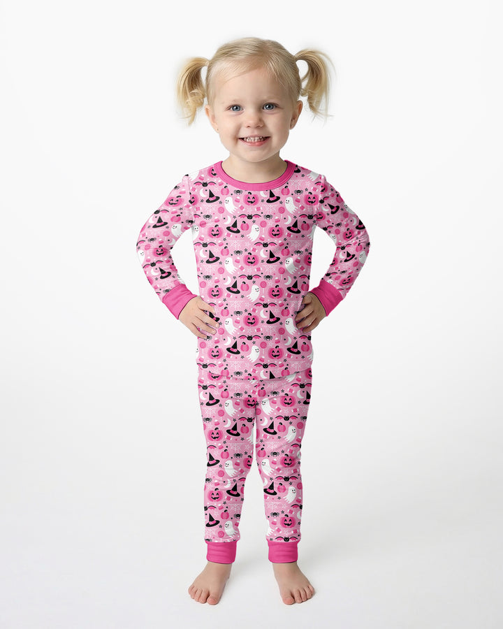 Cute Pink Halloween Ghost Pumpkin Witch Bamboo Two Piece Long Sleeve Pajama Set