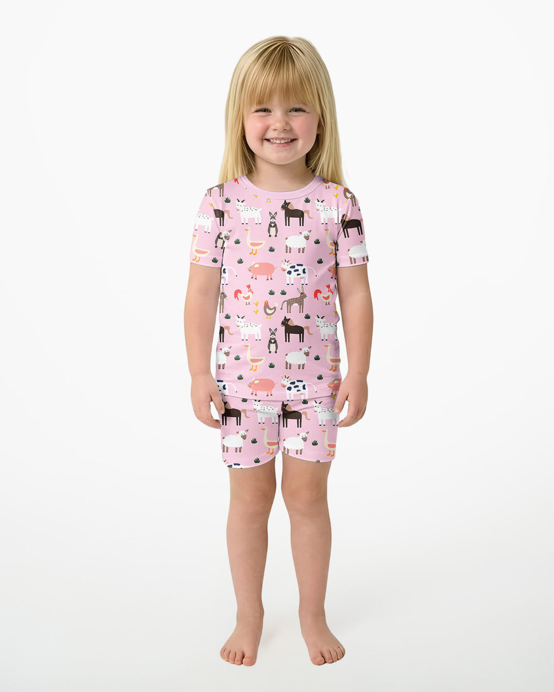 Pink Farm Animals Bamboo Two Piece Short Sleeve Shorts Pyjamas Set