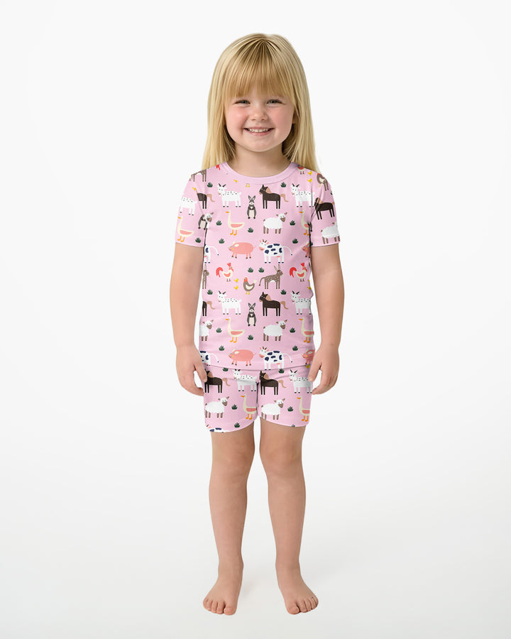 Pink Farm Animals Bamboo Two Piece Short Sleeve Shorts Pyjamas Set