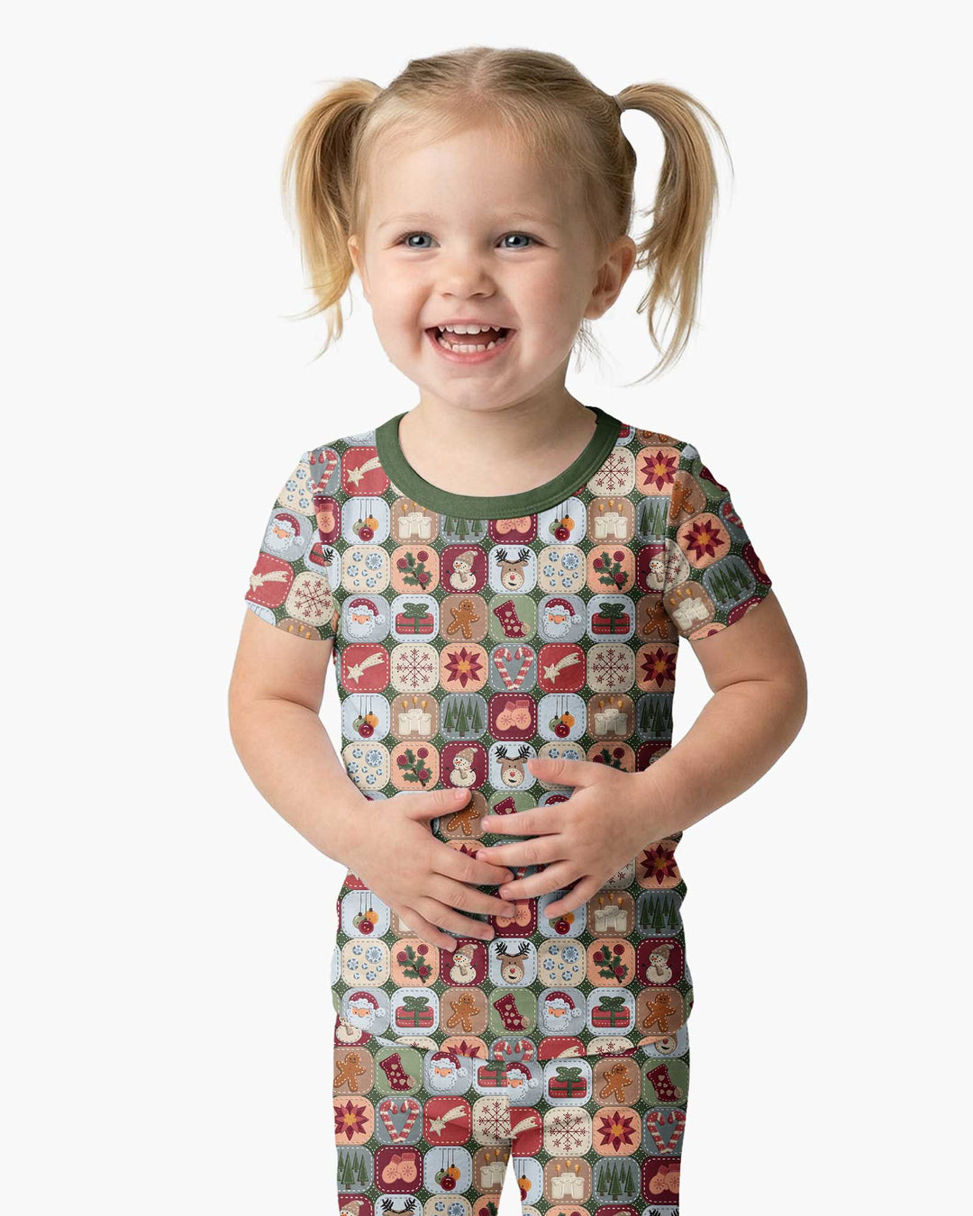 Christmas Felt Patchwork Bamboo Two Piece Short Sleeve Pajama Set