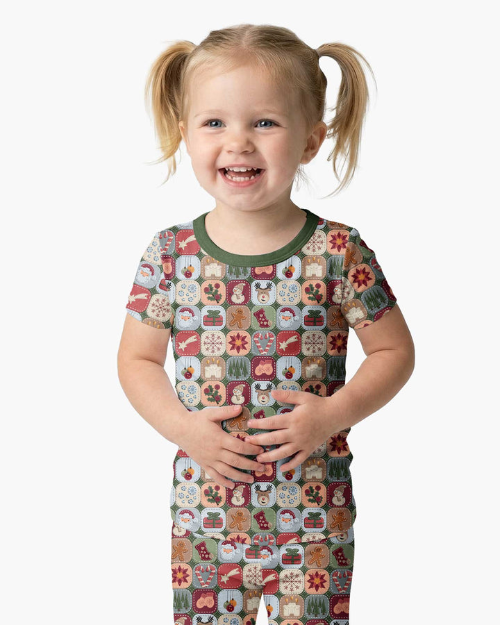 Christmas Felt Patchwork Bamboo Two Piece Short Sleeve Pajama Set