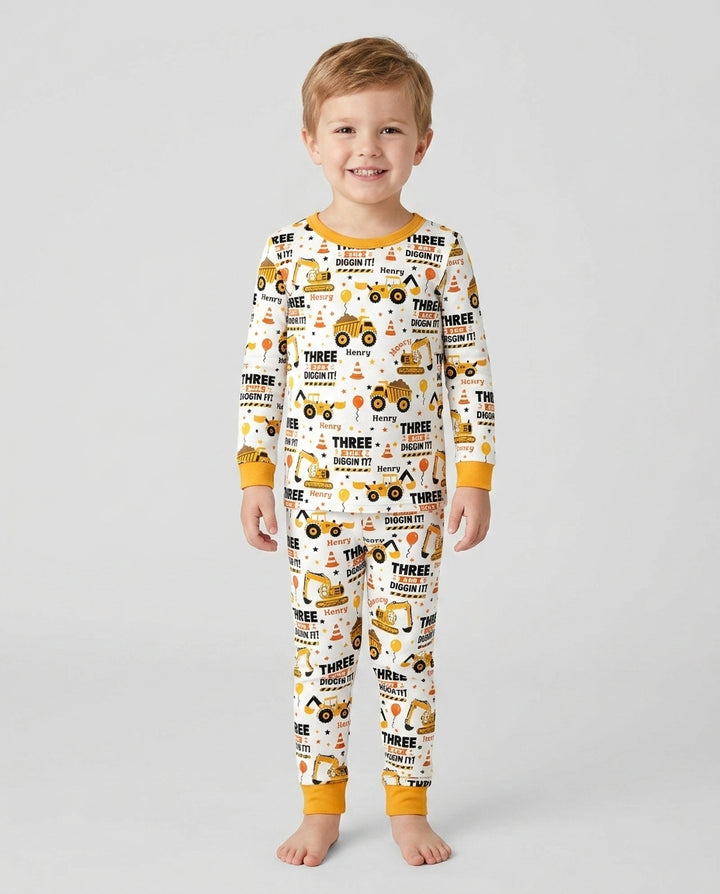 Personalized Birthday Construction Truck Diggin It Bamboo Two Piece Long Sleeve Pajama Set