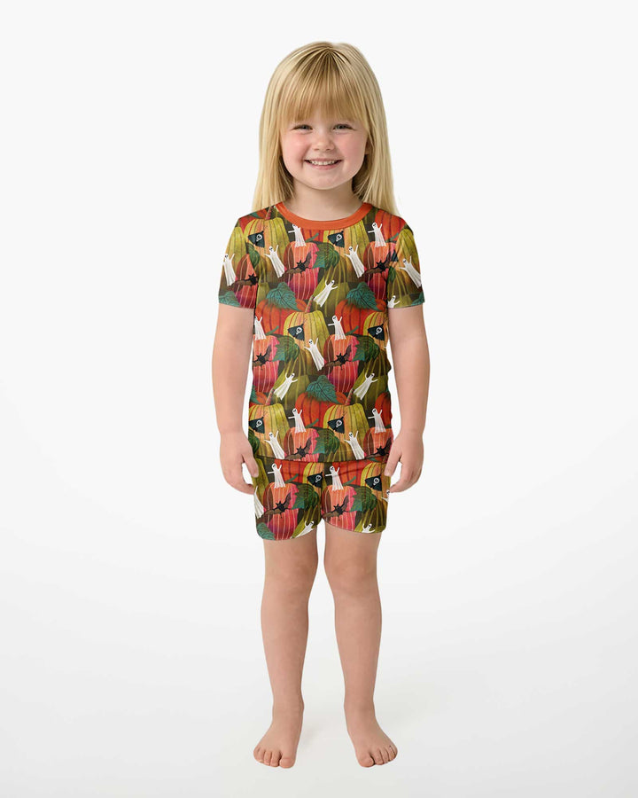 Big Pumpkin Field With Ghosts Bamboo Two Piece Short Sleeve Shorts Pajama Set