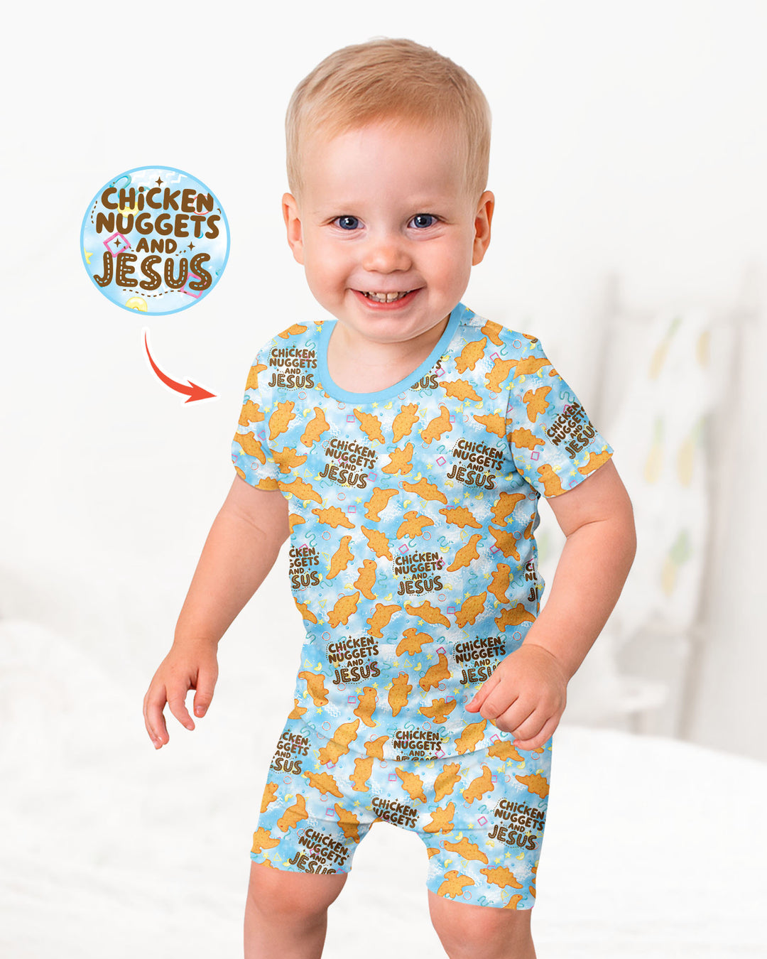 Chicken Nuggets and Jesus Family Matching Bamboo Two Piece Short Sleeve Shorts Pajama Set