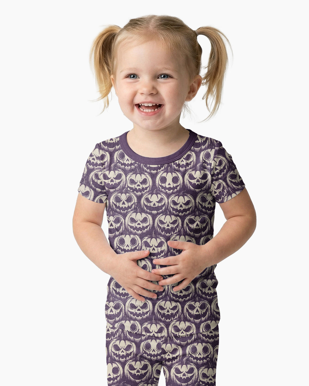Retro Halloween Jack-O-Lantern Spooky Faces Bamboo Two Piece Short Sleeve Pajama Set