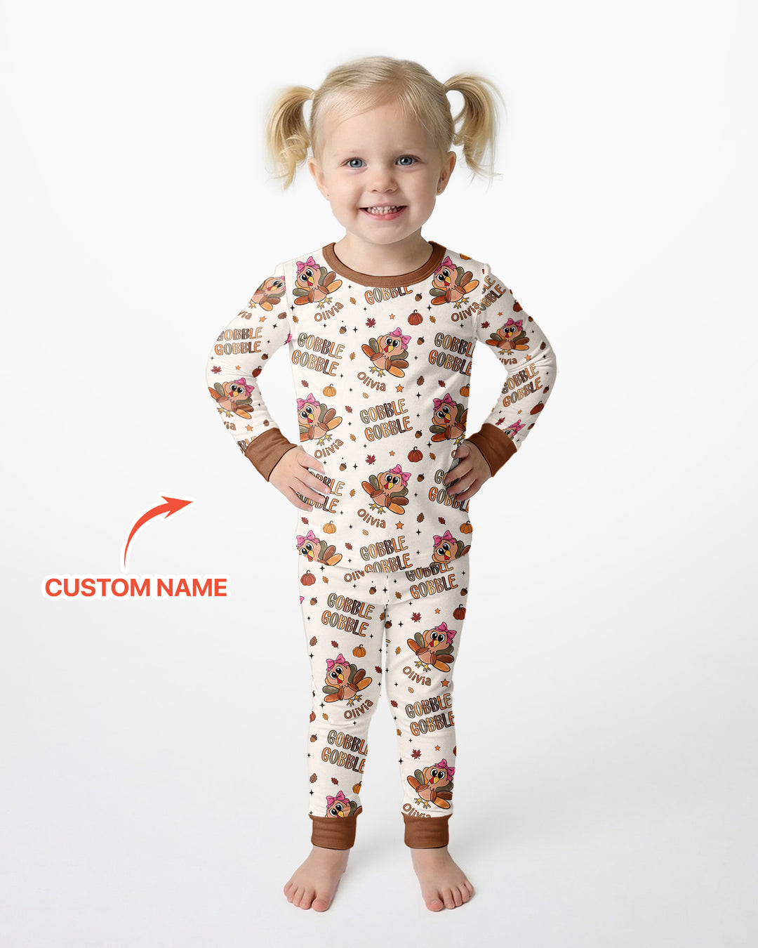 Custom Name Gobble Gobble Bamboo Two Piece Long Sleeve Pajama Set