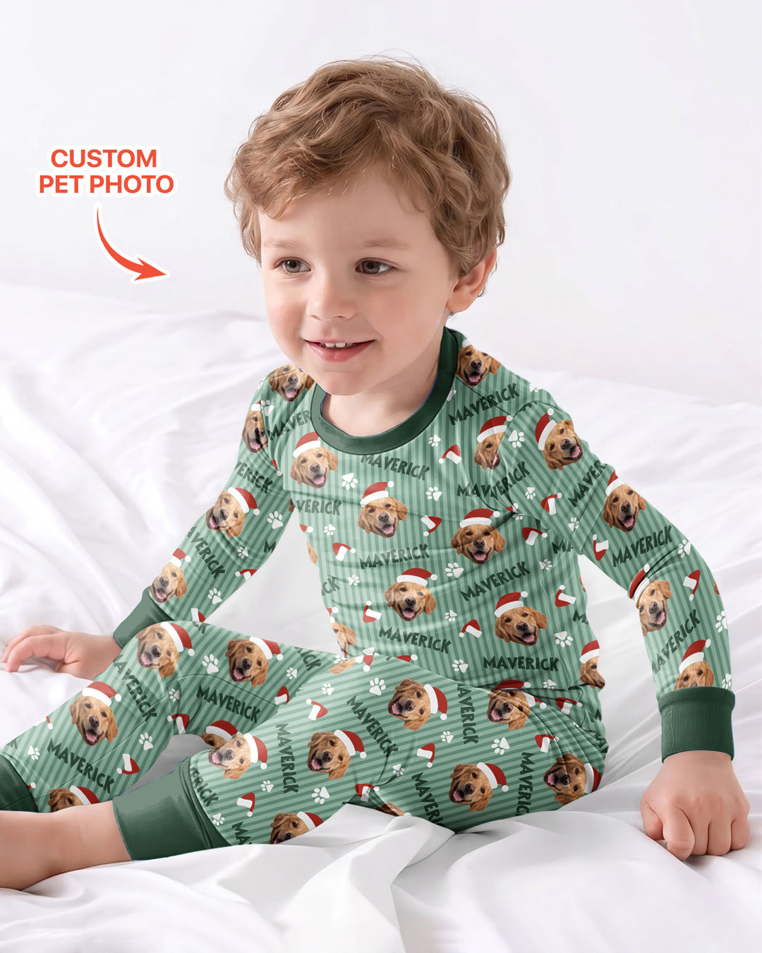 Custom Pet Photo Christmas Paws Stripe Bamboo Two Piece Long Sleeve Pajama Set