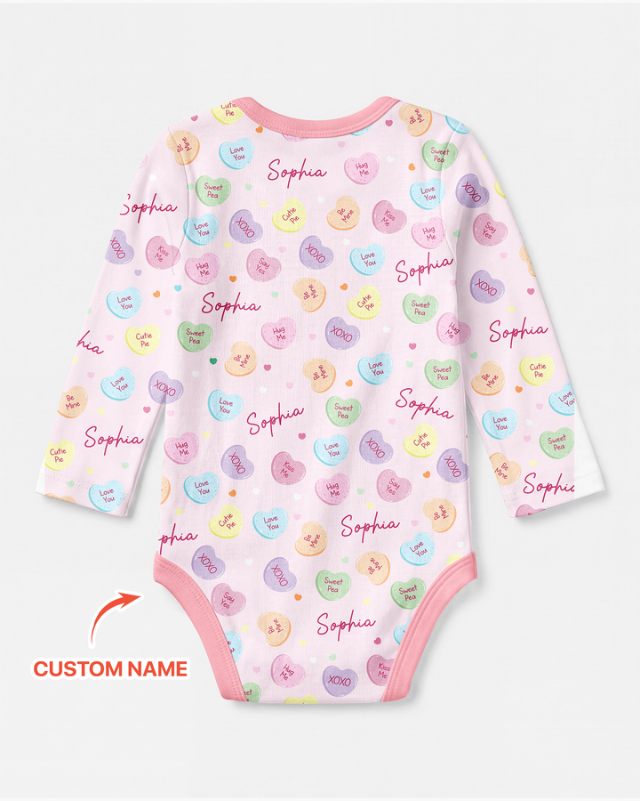 Custom Name Colorful Candy Hearts Family Matching Bamboo Bodysuit