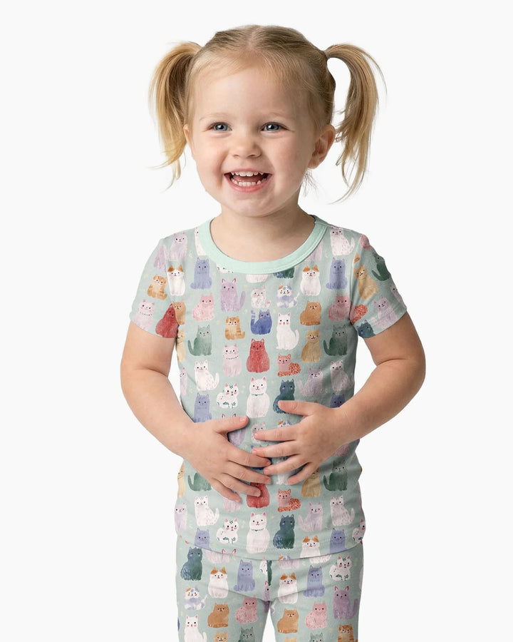 Enchanted Happy Kitty Family Matching Bamboo Two Piece Short Sleeve Pajama Set