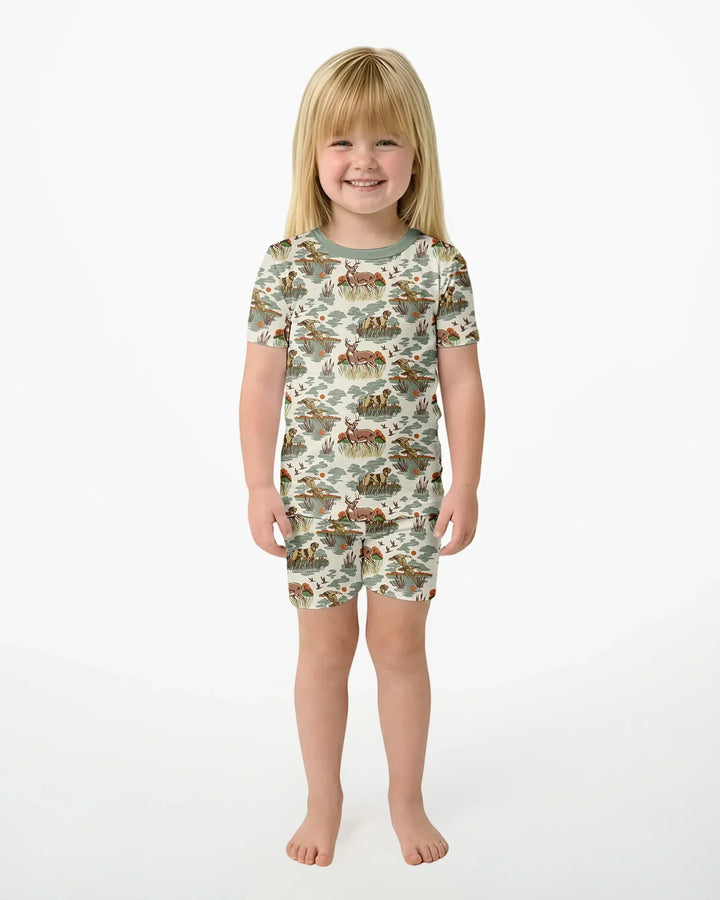 Vintage Hunting Season Daddy& Me Matching Bamboo Two Piece Short Sleeve Shorts Pajama Set