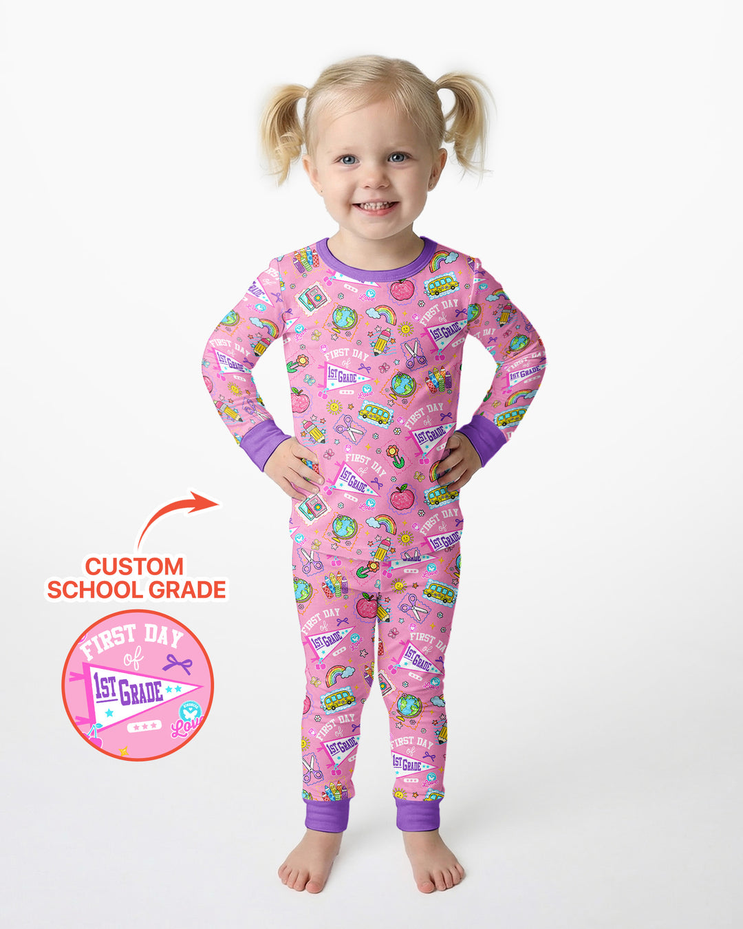Custom Grade Girls School First Day Bamboo Two Piece Long Sleeve Pajama Set