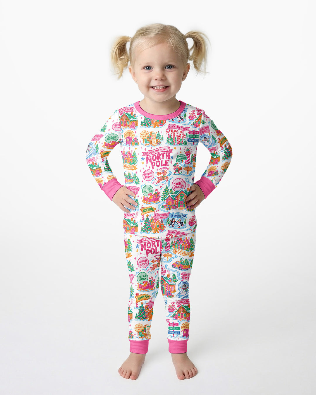 Welcome To North Pole Village Pink Christmas Bamboo Two Piece Long Sleeve Pajama Set