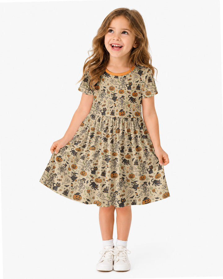 Vintage Skeleton Pumpkin Halloween Bamboo Twirl Dress