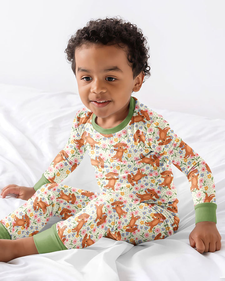 Dachshund Blooms Family Matching Bamboo Two Piece Long Sleeve Pajama Set