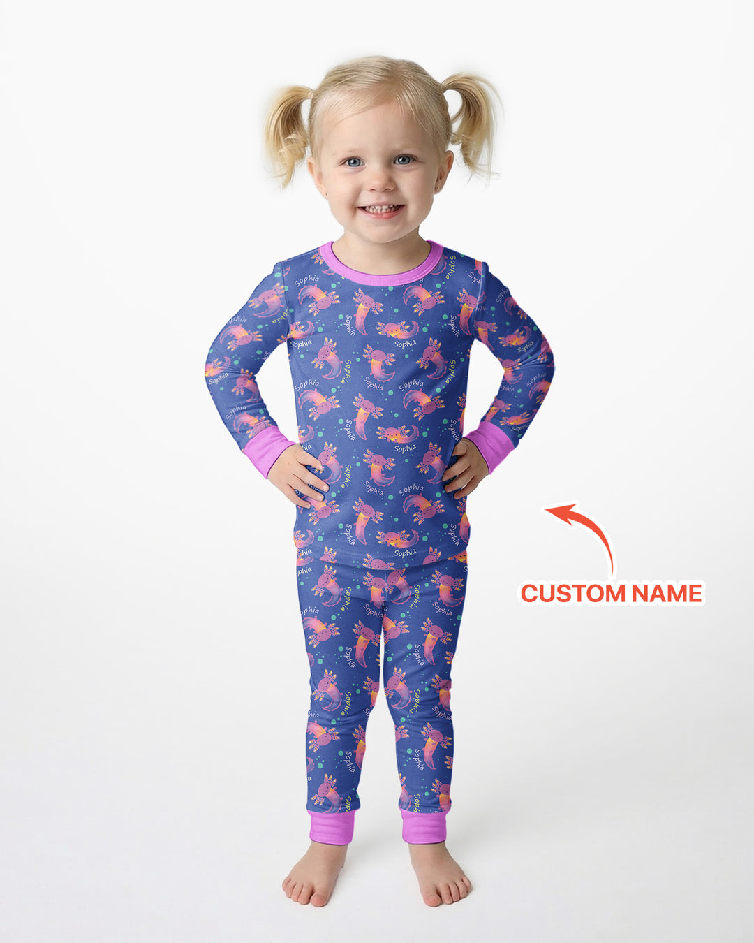 Axolotl Glow Custom Name Bamboo Two Piece Long Sleeve Pajama Set