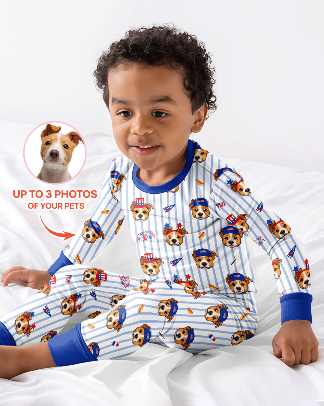 Custom Pet Image 4th of July Family Matching Bamboo Two Piece Long Sleeve Pajama Set