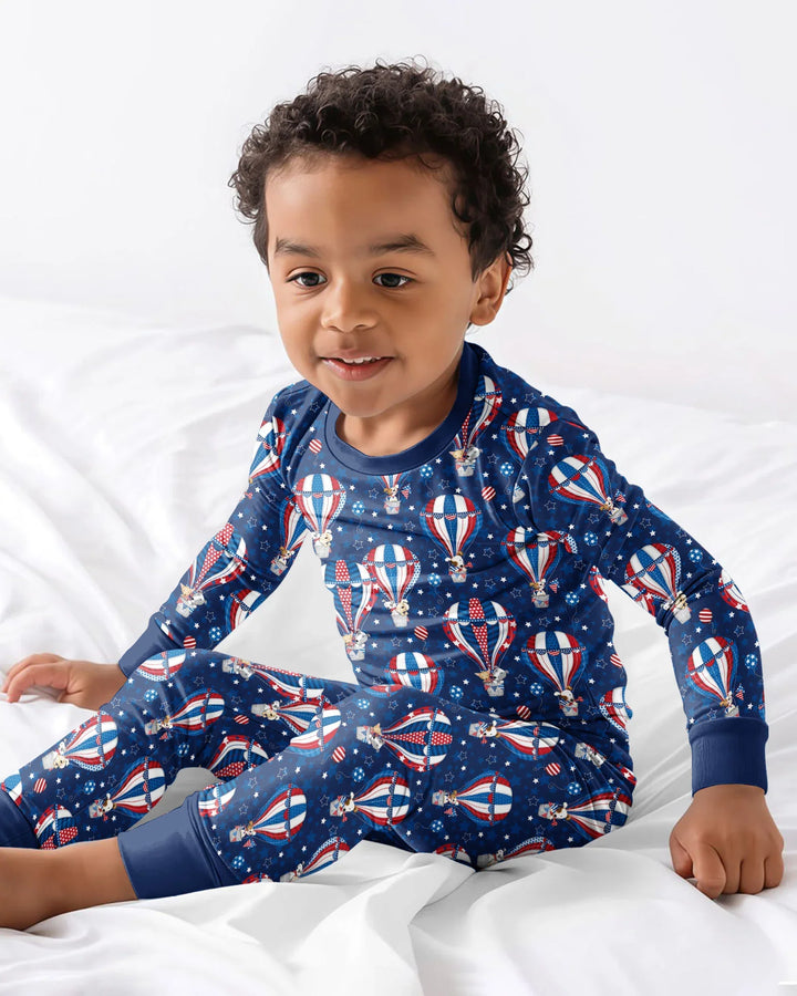 Patriotic Pups in Hot Air Balloons Family Matching Bamboo Two Piece Long Sleeve Pajama Set