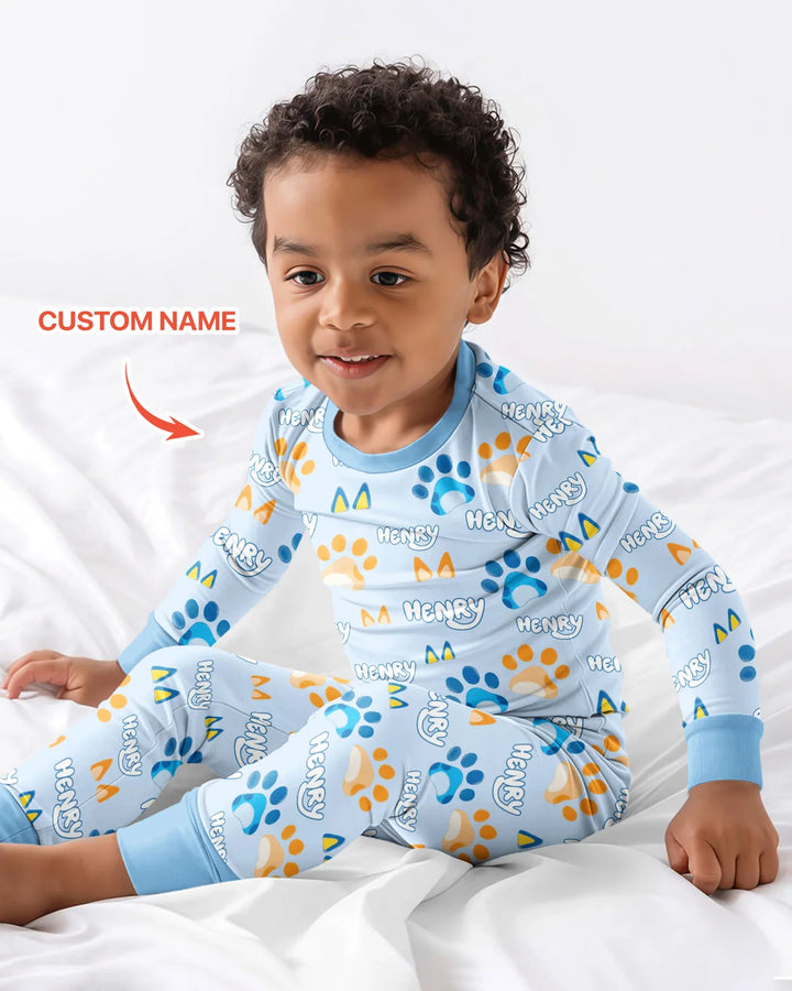 Custom Name Favourite Blue Dog Family Matching Bamboo Two Piece Long Sleeve Pajama Set