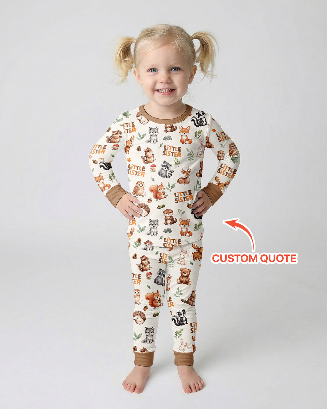 Custom Quote Woodland Animal Matching Sibling Bamboo Two Piece Long Sleeve Pajama Set